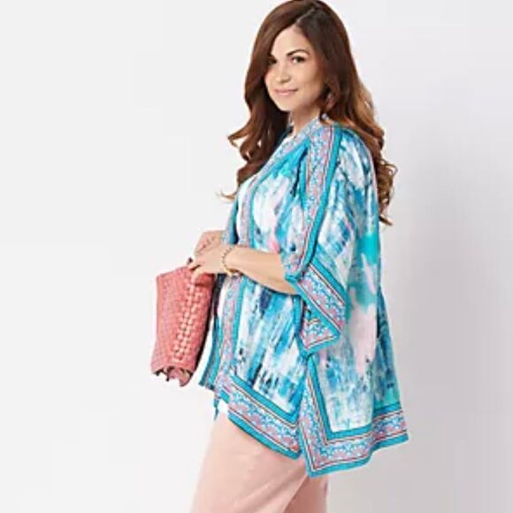 Anthro Tolani Artsy abstract boho kimono cardigan sz L colorful beach vacation - Picture 9 of 10